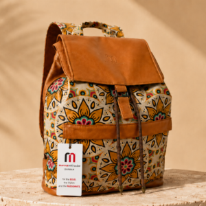 Mandela Print & Plain Tan Leather Backpack – Stylish Laptop Bag